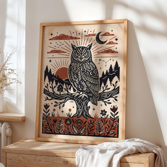 Owl Wall Art Print, Celestial Folk Decor