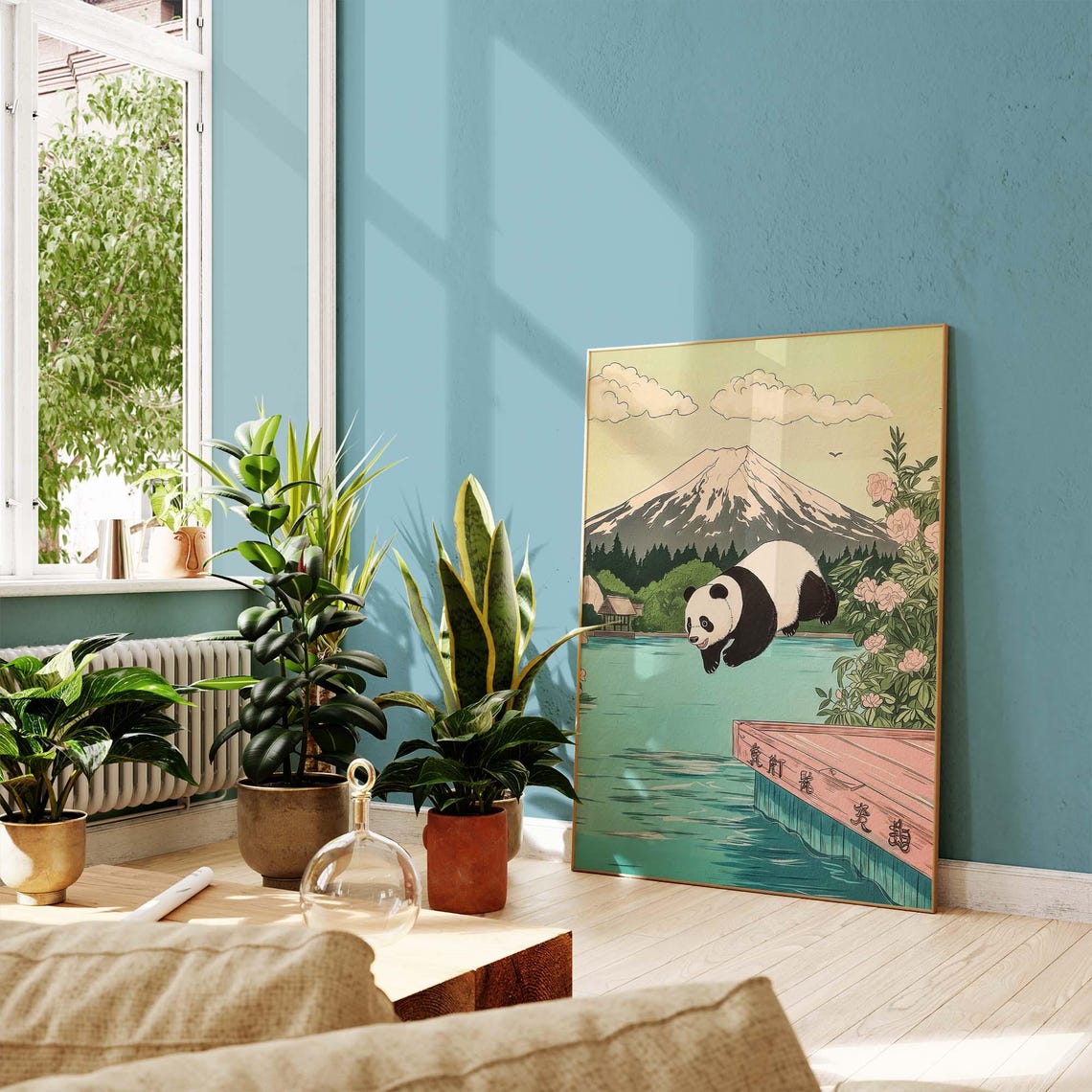 Panda Diving Into Lake Water With Mount Fuji Japanese Art Poster - Image 2