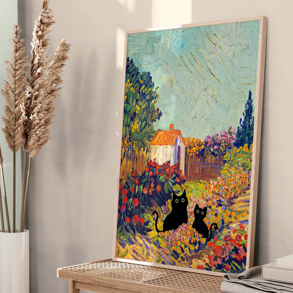 Two Black Cats In Van Gogh Inspired Garden With Orange Cottage Poster - Image 4