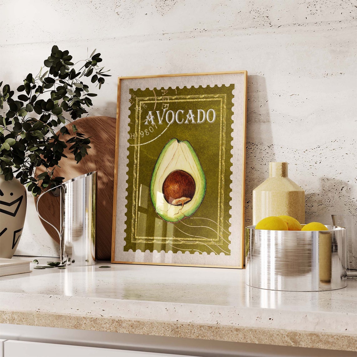 Vintage Avocado Postage Stamp Style Olive Green Kitchen Print - Image 4