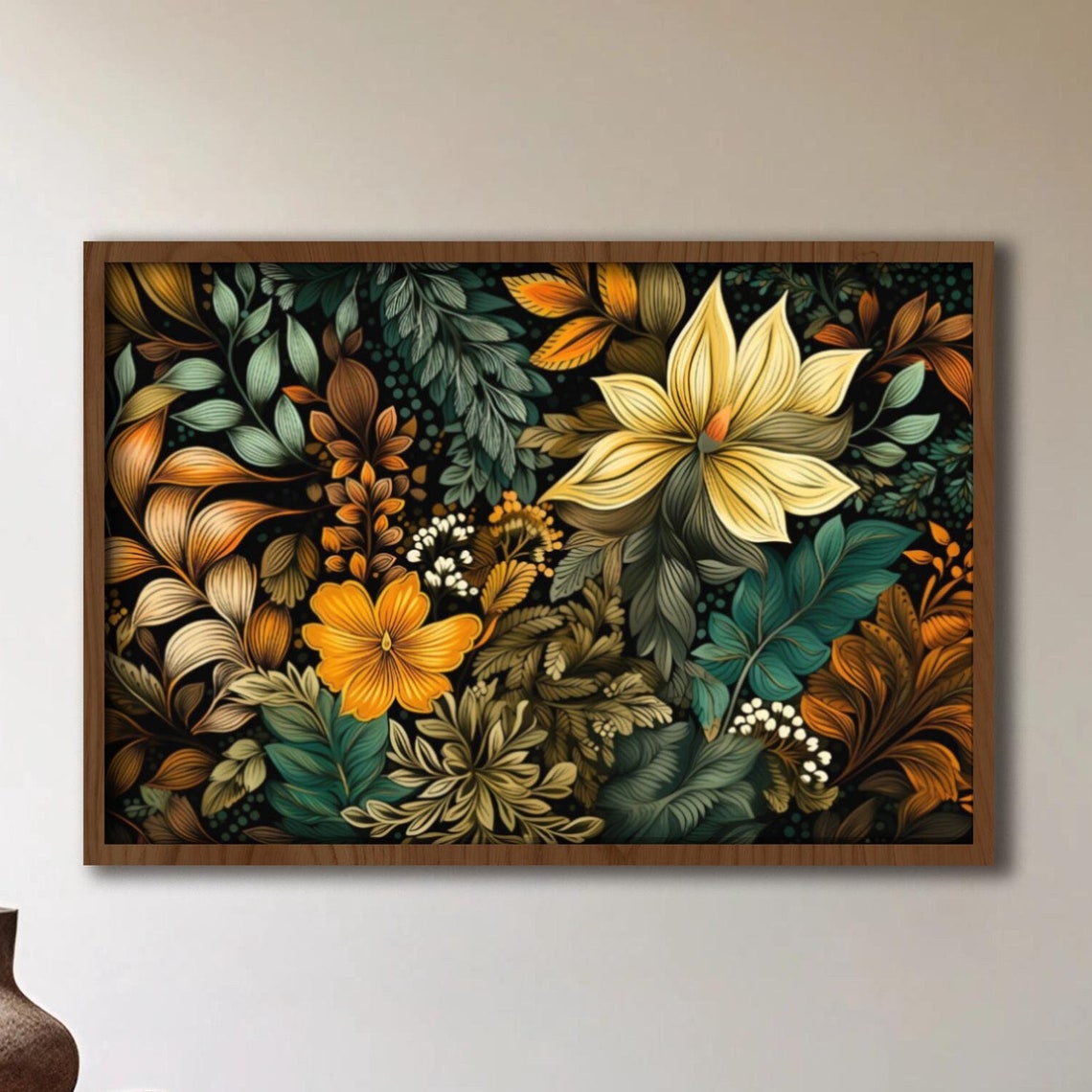 Dark Botanical Yellow Orange Blooms Teal Leaves Vintage Art Poster
