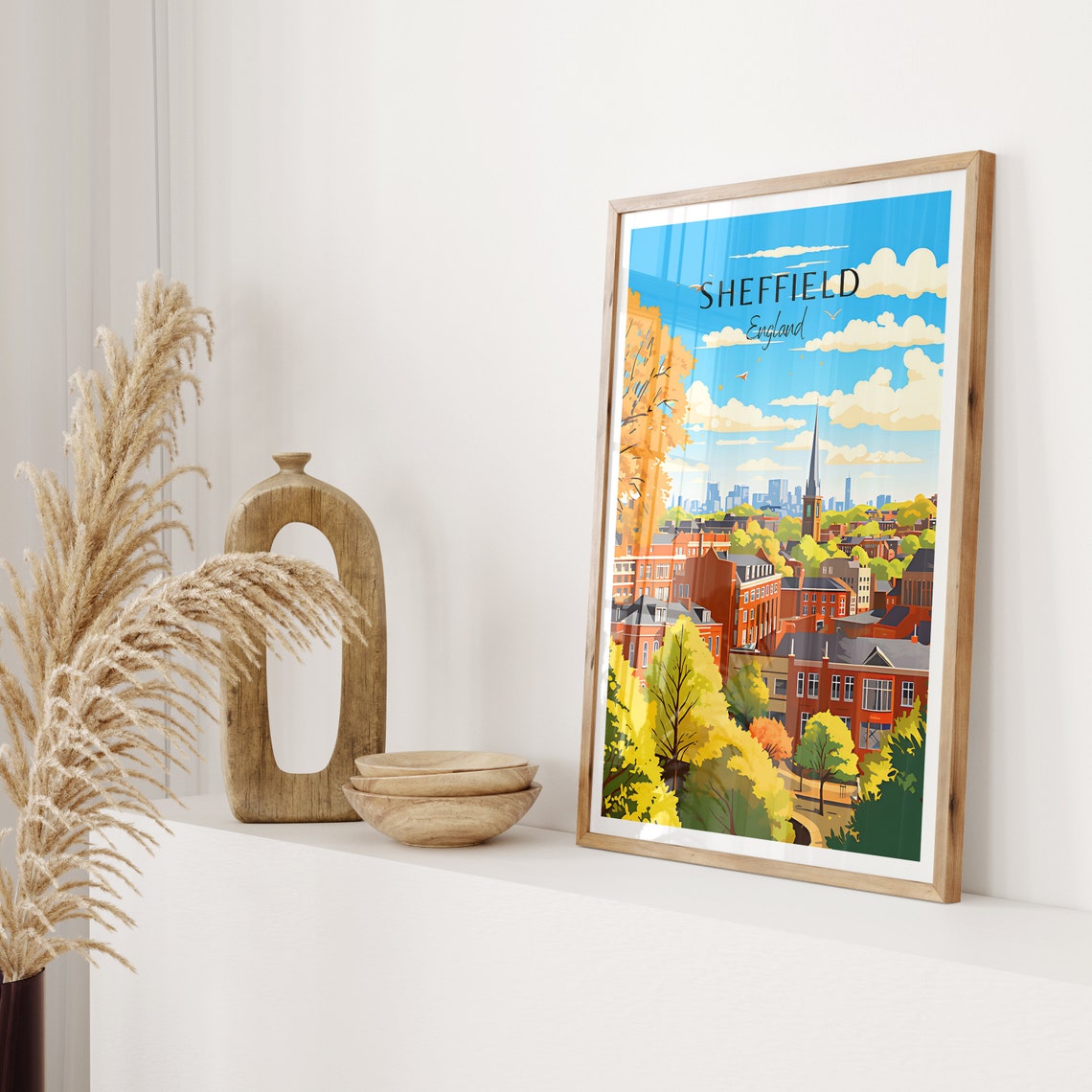 Sheffield England Autumn Cityscape Rooftops Spire Travel Poster - Image 2