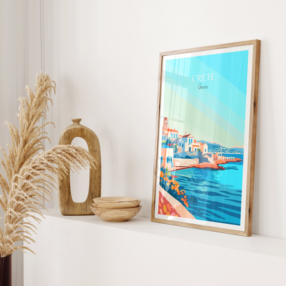 Charming Crete Greece Blue Seaside Village on a Rocky Shore Poster - Image 2