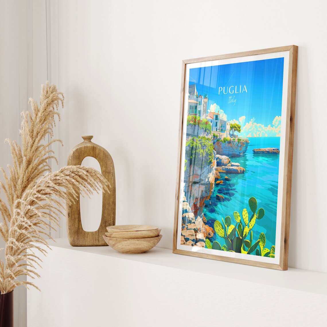 Puglia Italy Coastal Cliffs Cactus Turquoise Sea Seaside Travel Poster - Image 2