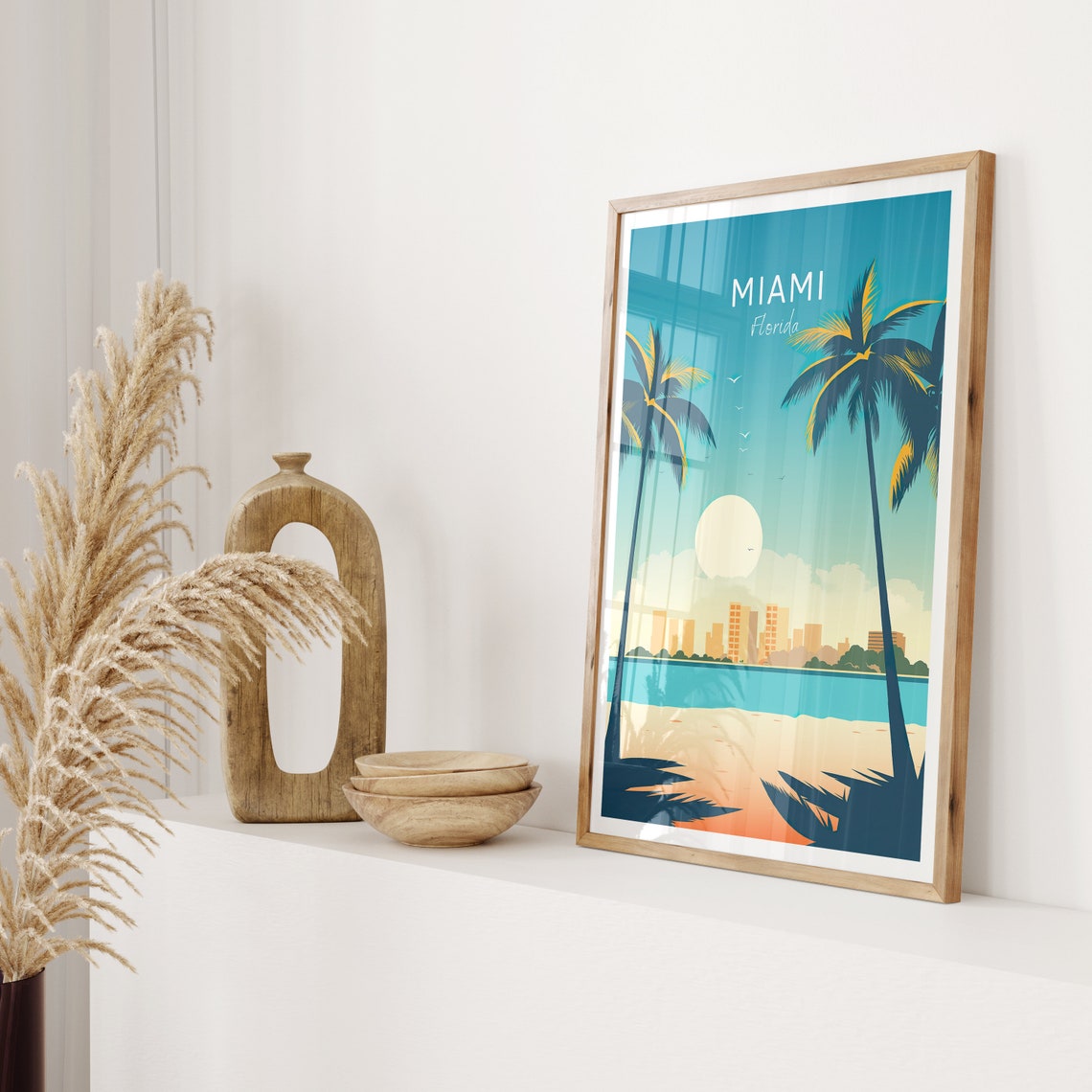 Miami Florida Skyline Over the Bay with Palm Trees Travel Poster - Image 2