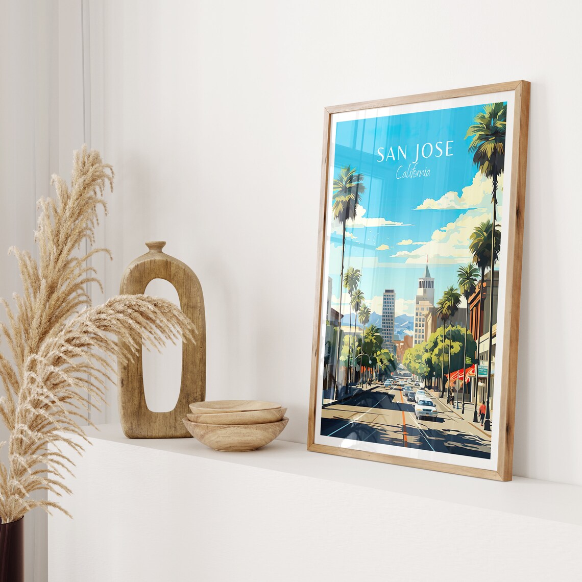 San Jose California Palm Lined Street City Hall Tower Travel Poster - Image 2