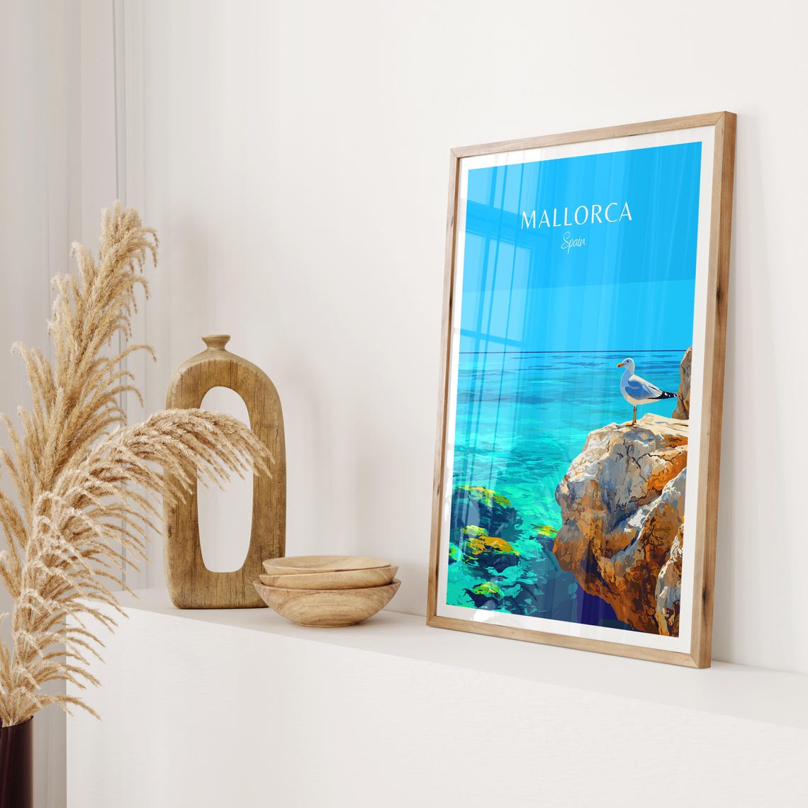 Mallorca Spain Seagull on Cliff Coastline Turquoise Sea Poster - Image 2