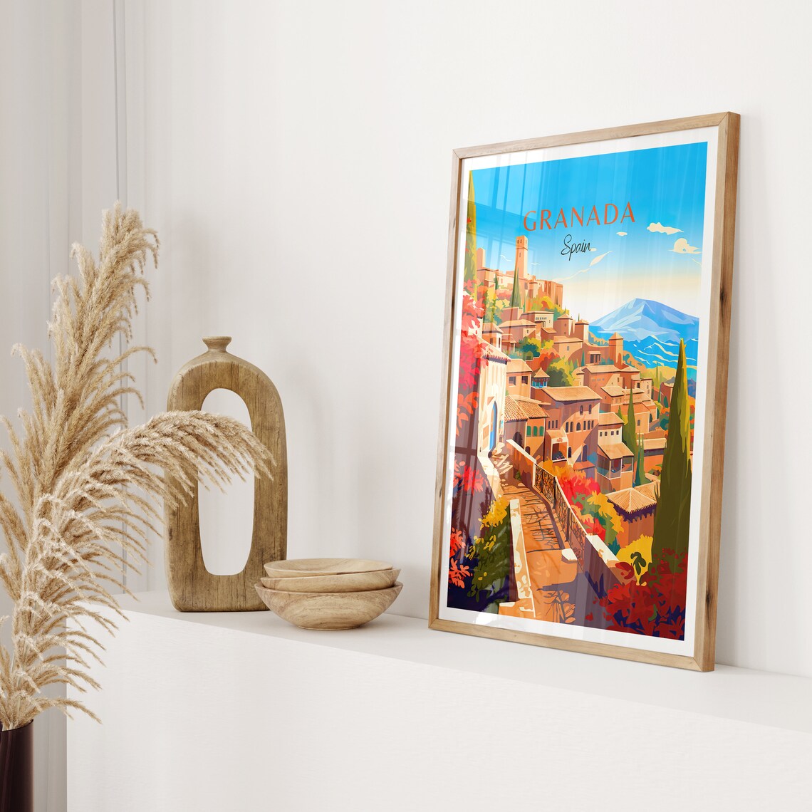 Granada Spain Travel Poster Hilltop Fortress Red Blooms Sierra View - Image 2