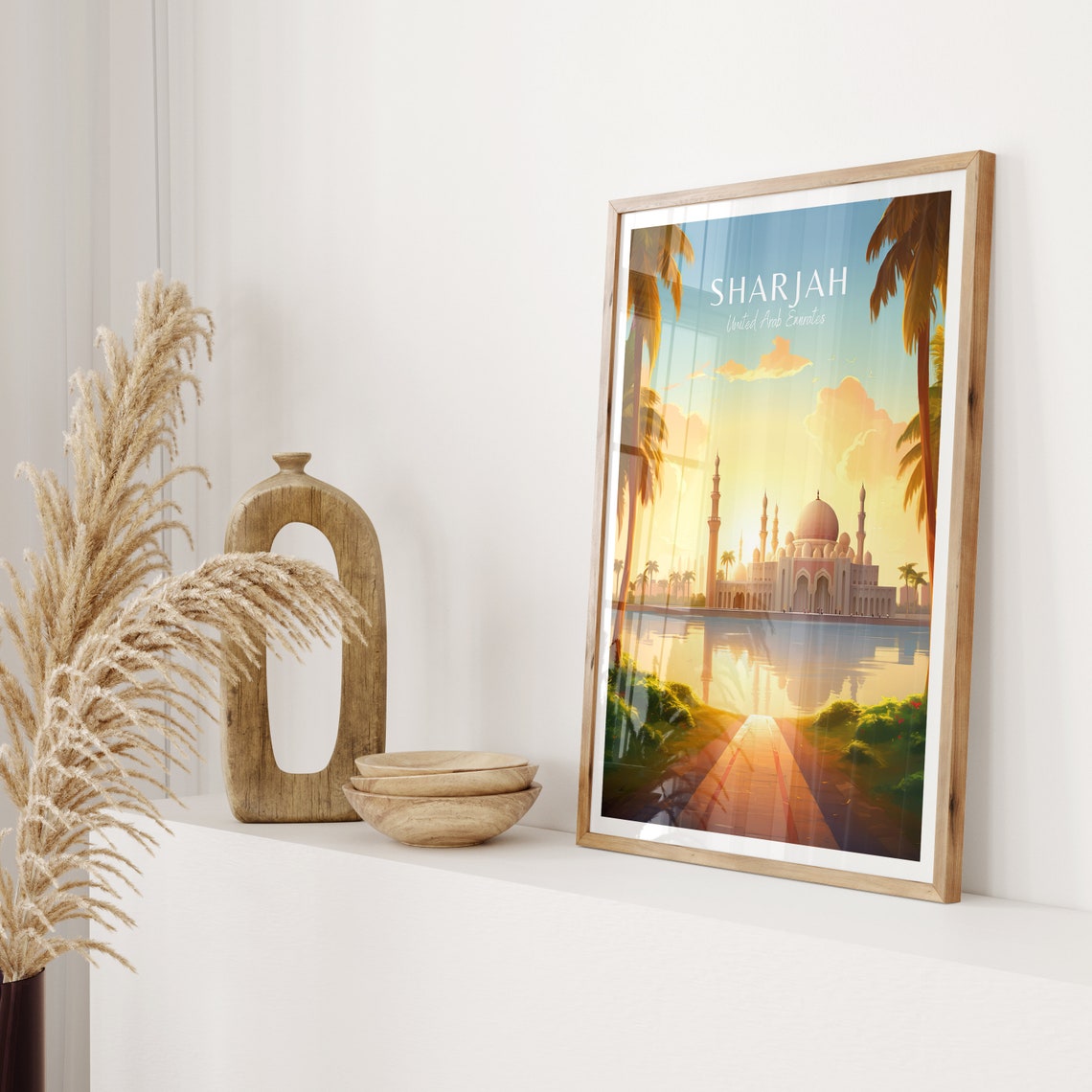Sharjah UAE Grand Mosque Sunset Lagoon Reflection Travel Poster - Image 2