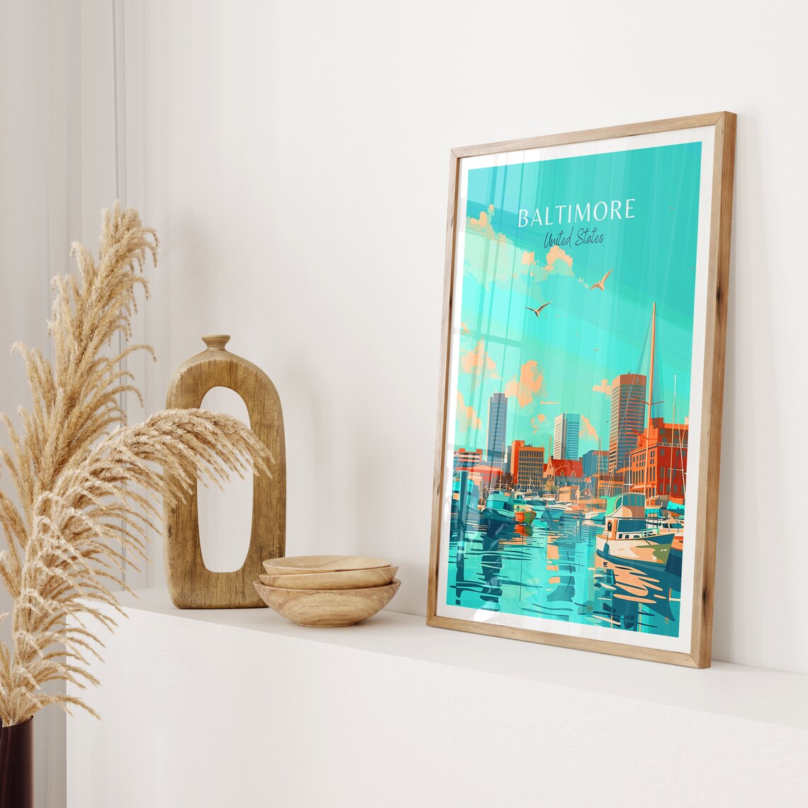 Baltimore United States Harbor with Boats and City Skyline Poster - Image 2