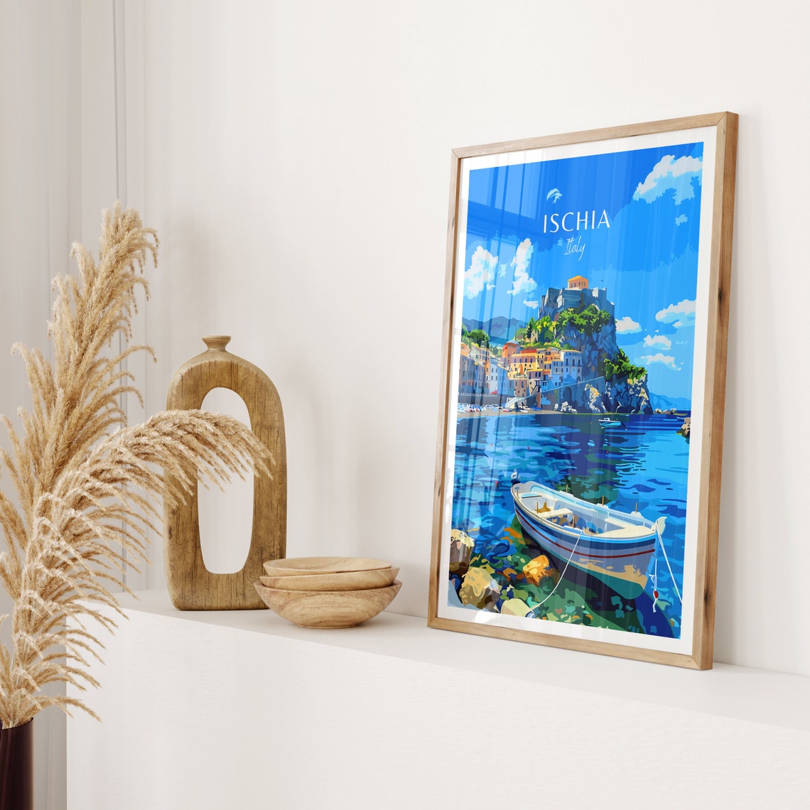 Ischia Italy Cliffside Castle Harbor Rowboat Bay View Poster - Image 2