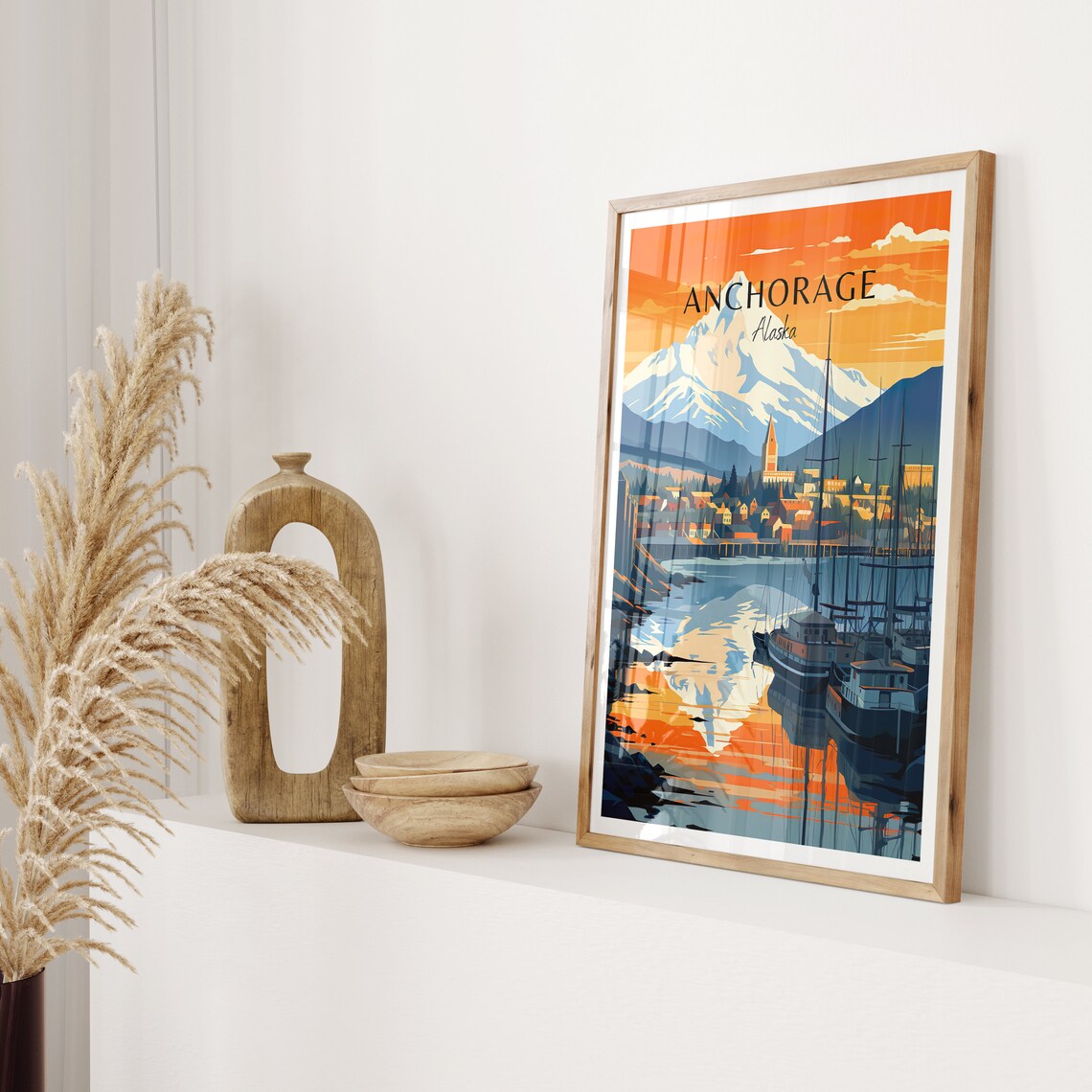 Anchorage Alaska Harbor Sunset Snowy Mountain Travel Art Poster - Image 2