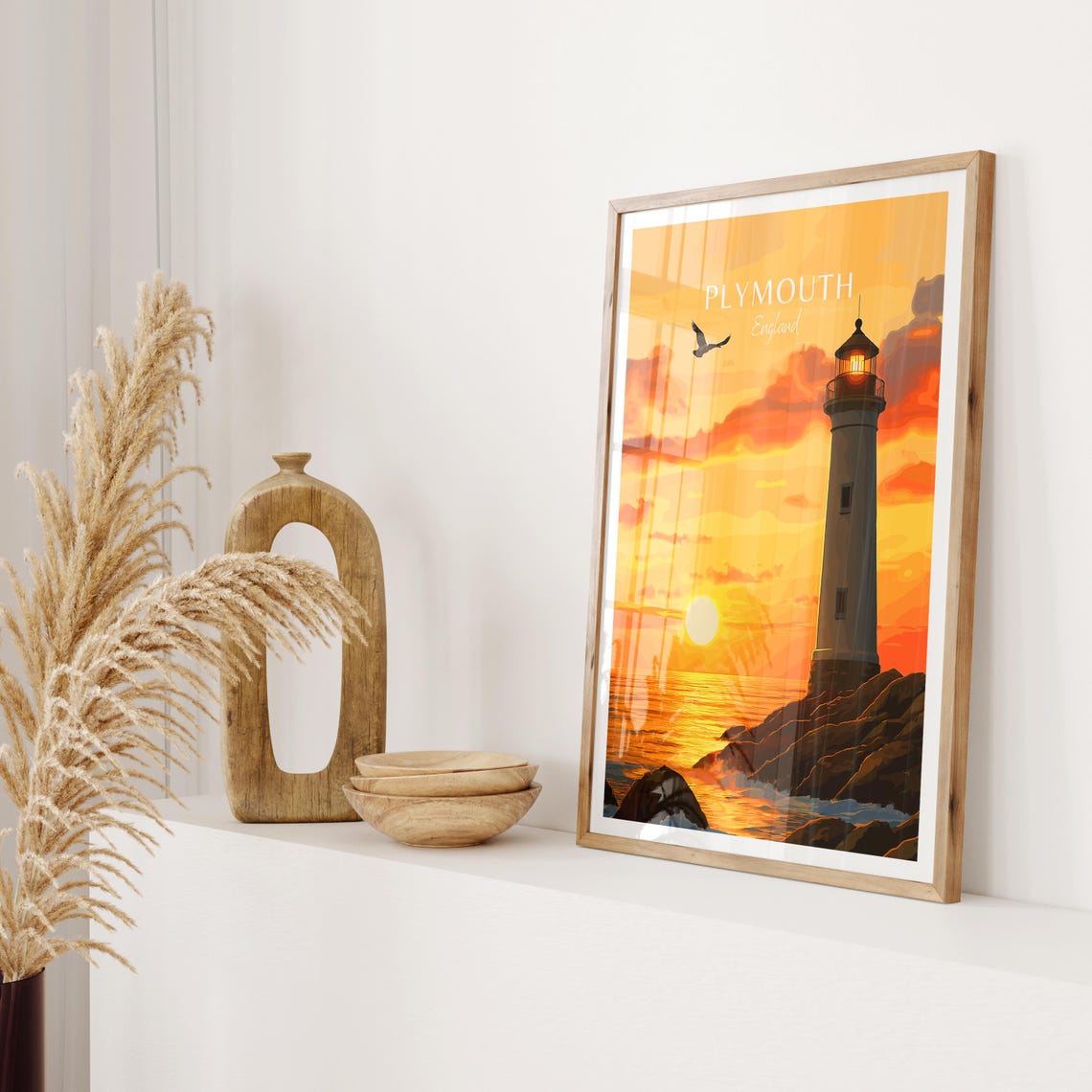 Plymouth England Lighthouse at Sunset Over Ocean Waves Poster - Image 2