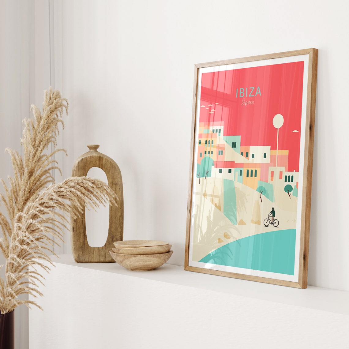 Ibiza Spain Poster Colorful Hillside Town Cyclist by the Sea Art - Image 2