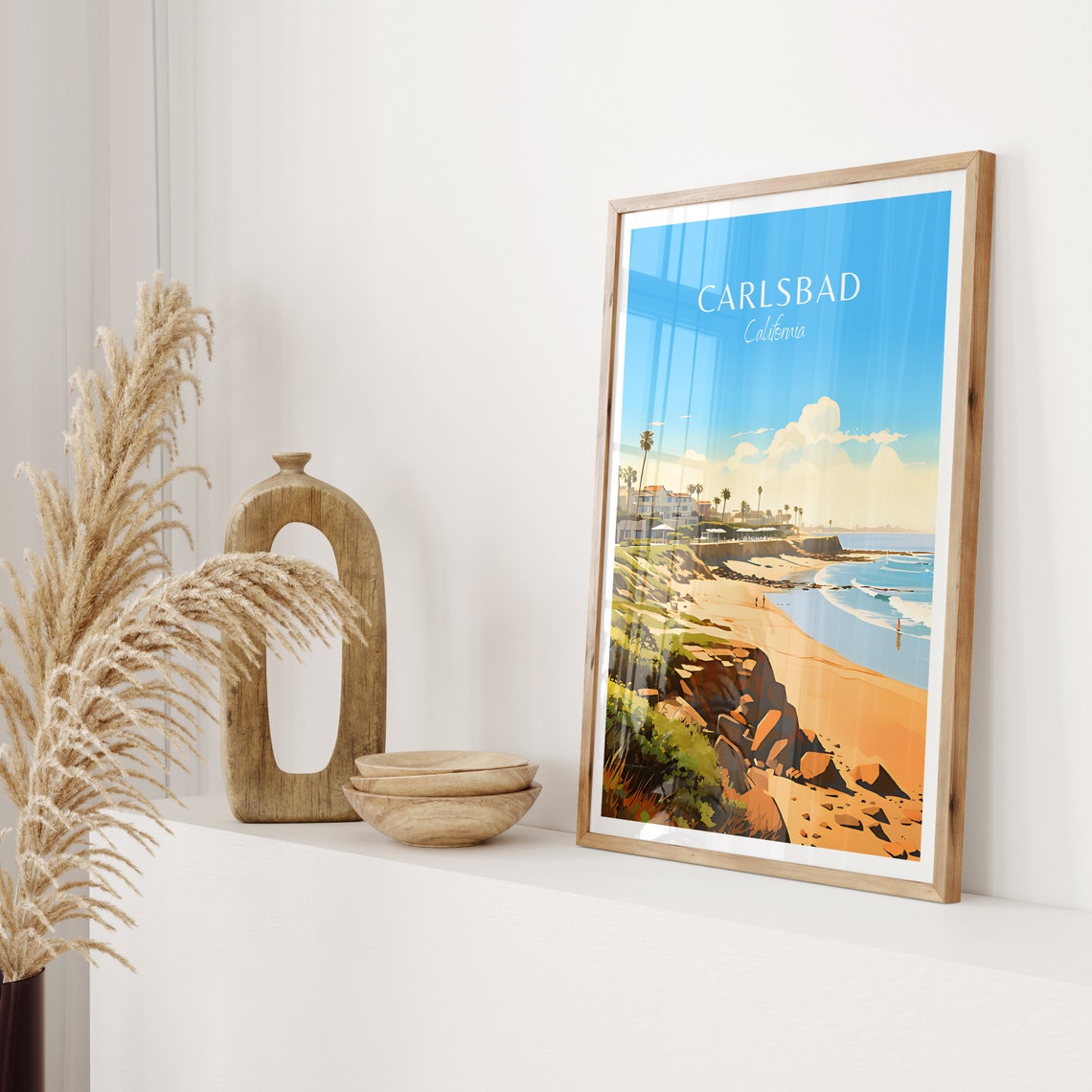 Carlsbad California Beach Cliffs Palms Surfer Coast Art Poster - Image 2