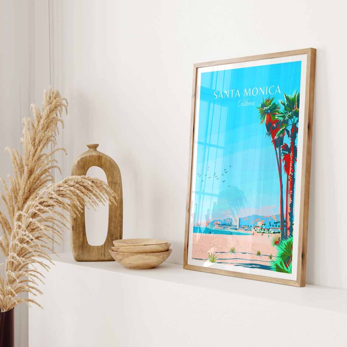 Santa Monica California Palm Trees Sandy Beach Seagull Coast Poster - Image 2