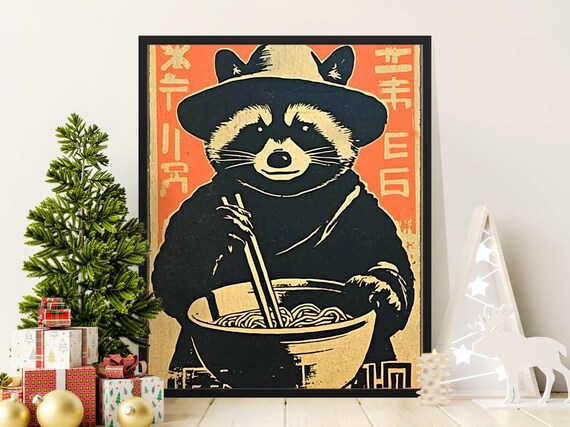 Raccoon Eating Ramen With Chopsticks Japanese Woodblock Poster