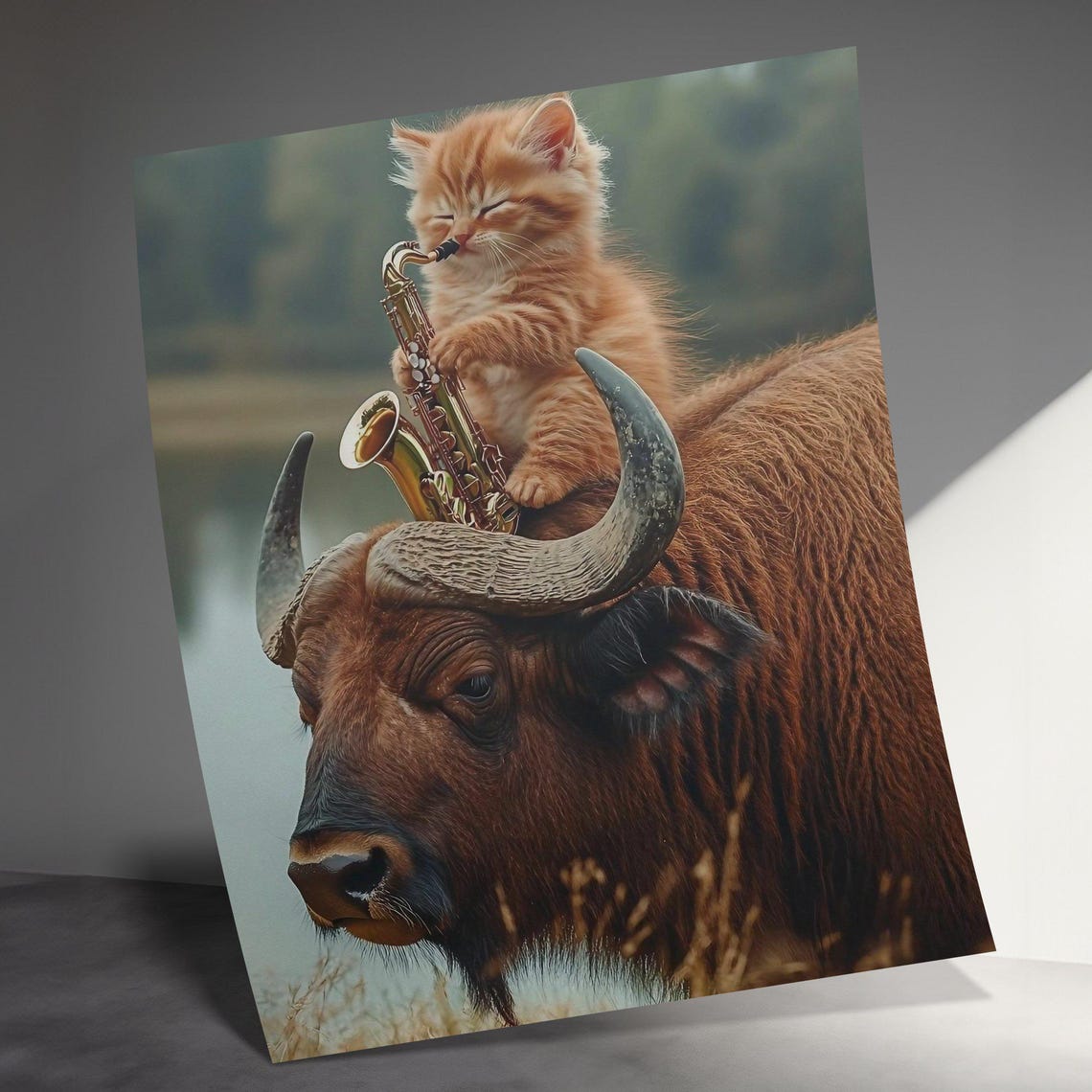 Orange Kitten Playing Saxophone On Buffalo Cute Animal Music Wall Art - Image 3