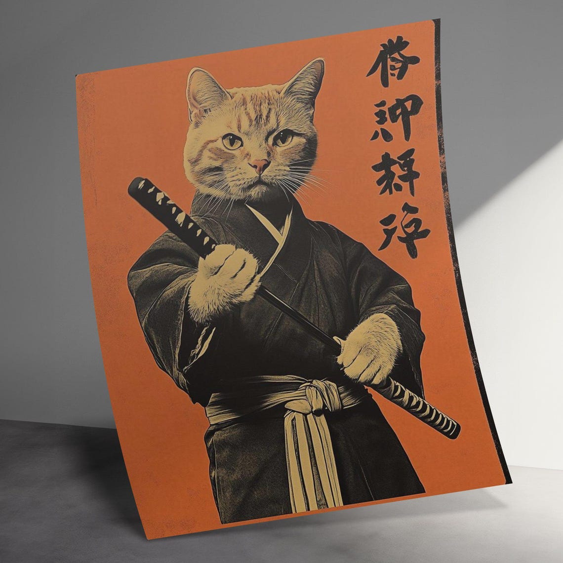 Samurai Cat Warrior Kimono Katana Vintage Japanese Orange Art Poster - Image 3