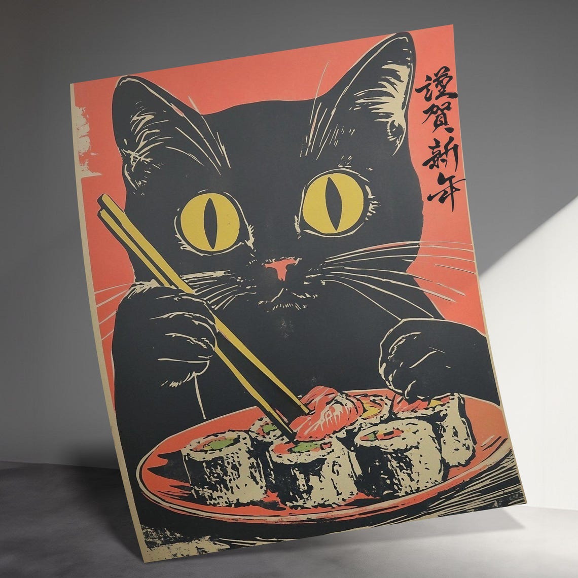 Japanese Black Cat Eating Sushi Retro Style Cat Poster Wall Art - Image 3