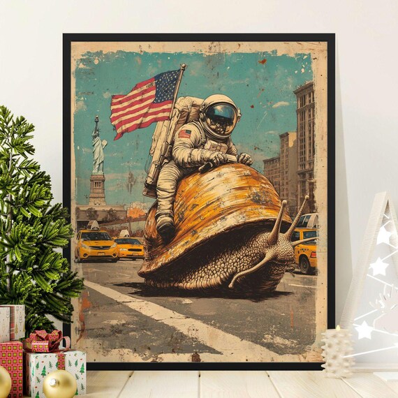 Retro Astronaut Riding Giant Snail New York City Daytime Surreal Art Poster