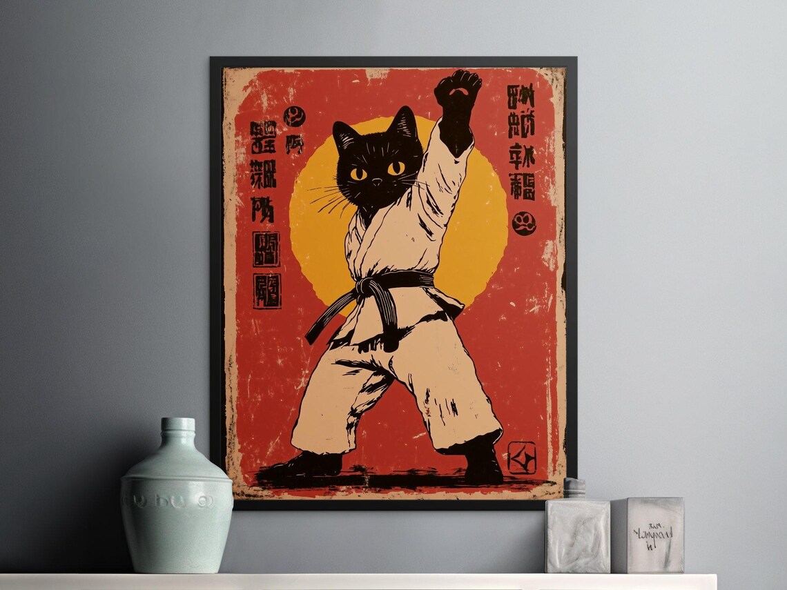 Black Cat Karate Gi Black Belt Punch Retro Japanese Martial Arts Poster - Image 2