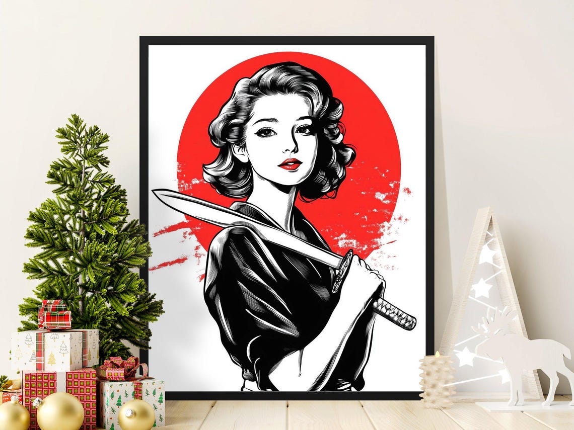 Samurai Woman With Katana Red Sun Disc Bold Japanese Graphic Poster
