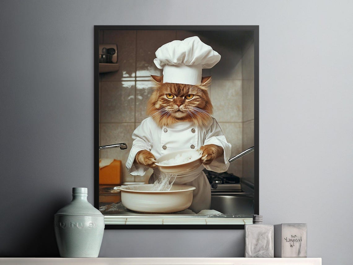 Grumpy Orange Chef Cat Draining Pasta In Kitchen Funny Cooking Poster - Image 2