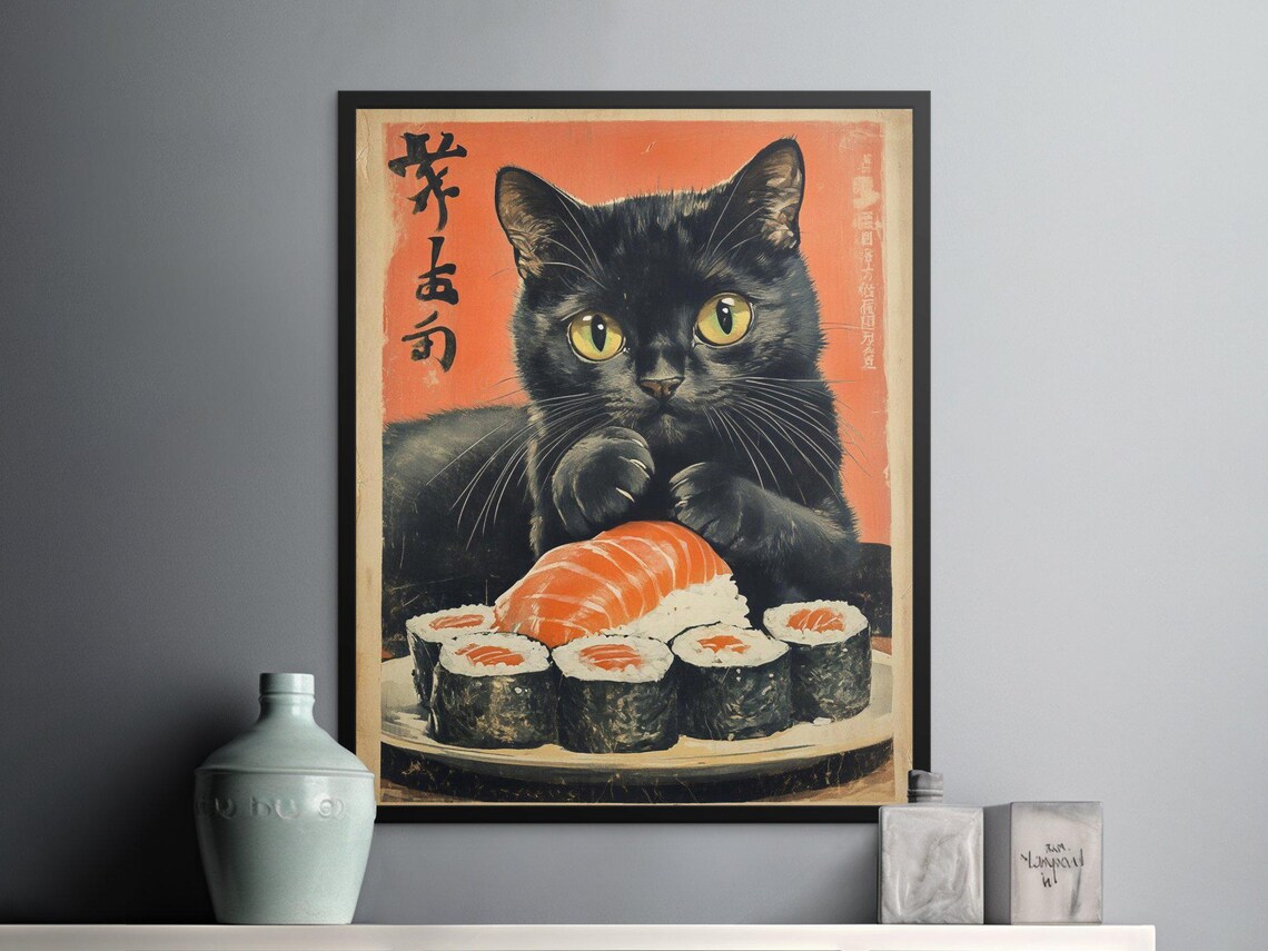 Black Cat Eating Sushi Rolls Salmon Nigiri Japanese Food Poster - Image 2
