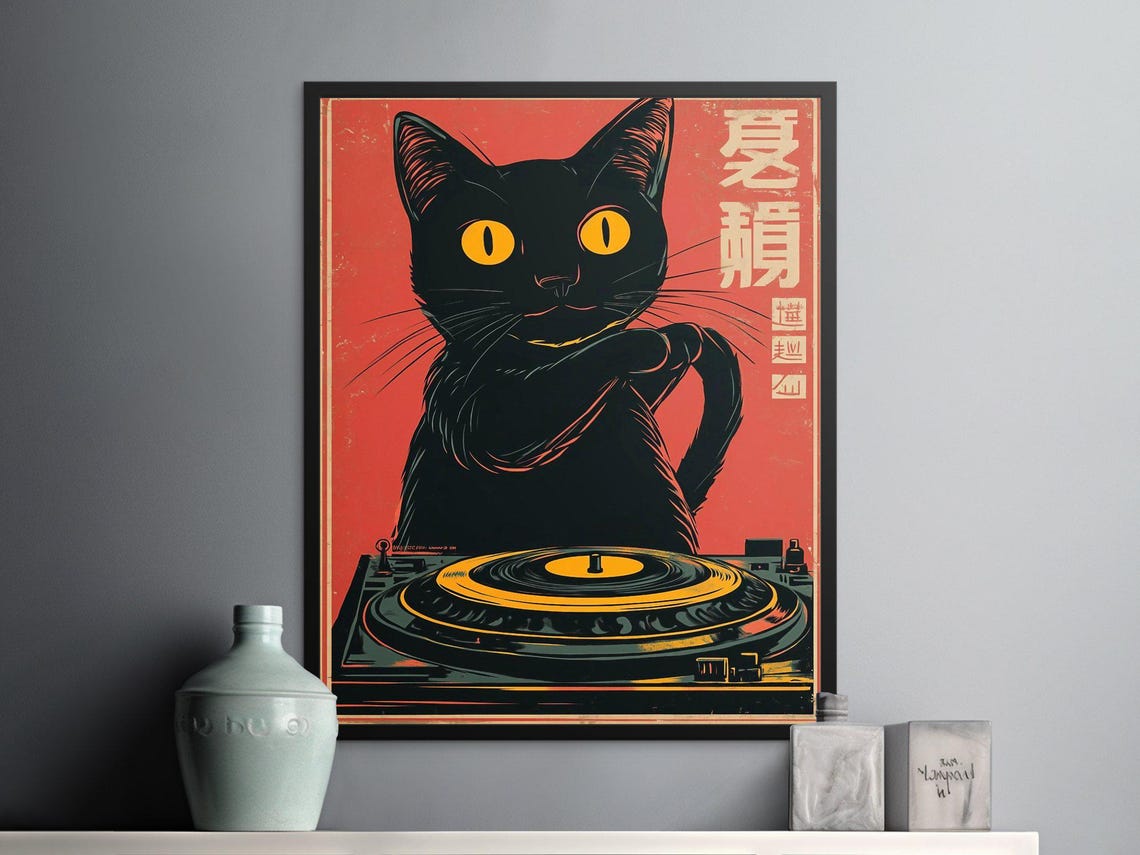 Cool Black Cat DJ Spinning Vinyl Record Retro Japanese Poster - Image 2