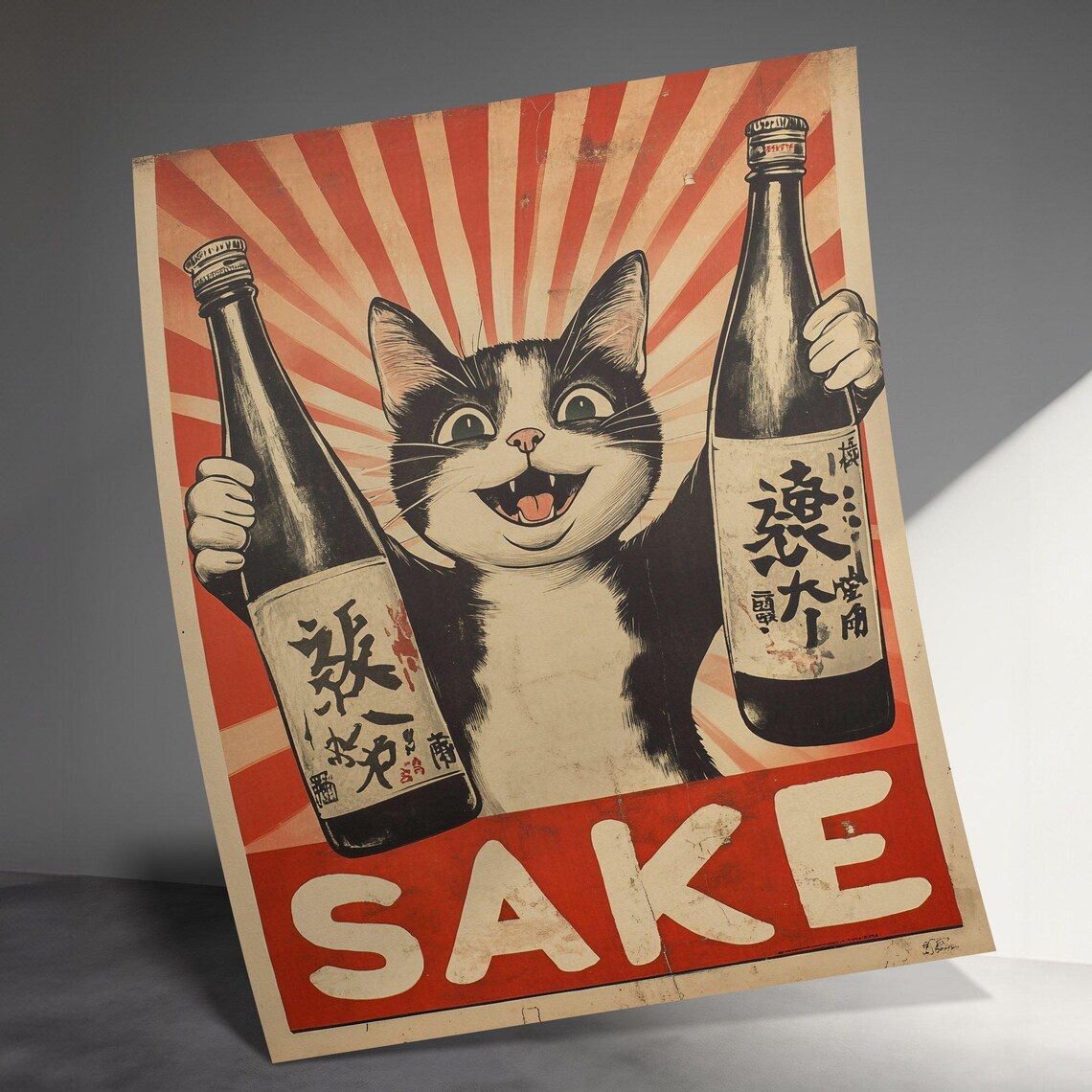 Vintage Japanese Cat Sake Poster, Retro Kitchen Decor - Image 3
