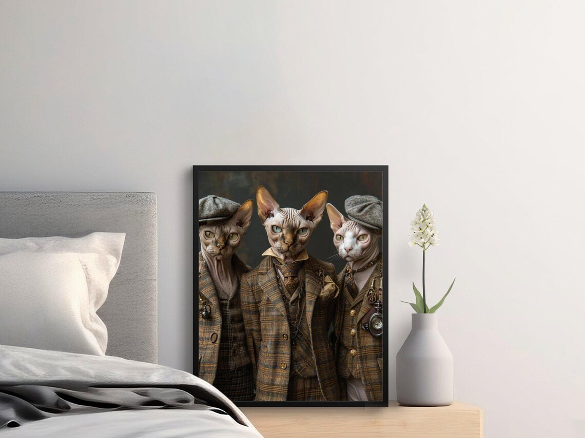 Three Steampunk Sphynx Cats in Tweed Suits Vintage Portrait Poster - Image 2