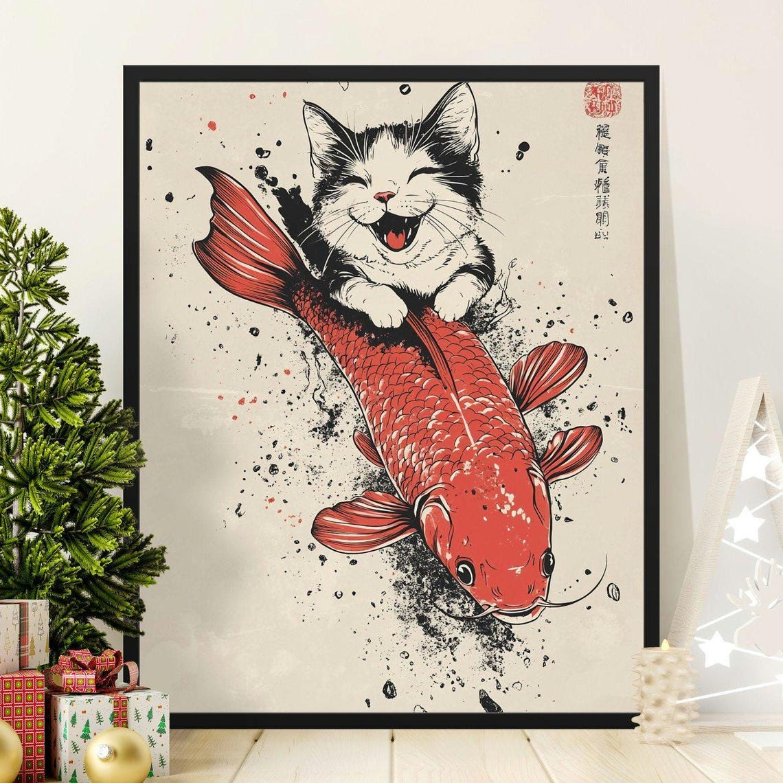 Joyful Kitten Riding Red Koi Fish Ink Splash Japanese Wall Art Poster