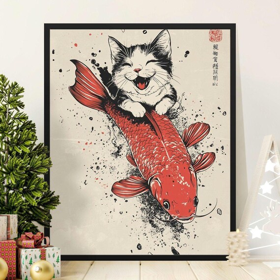Joyful Kitten Riding Red Koi Fish Ink Splash Japanese Wall Art Poster