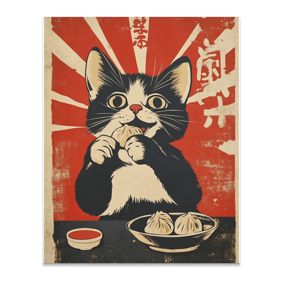 Tuxedo Kitten Eating Dumpling Rising Sun Burst Vintage Japanese Art Poster - Image 2