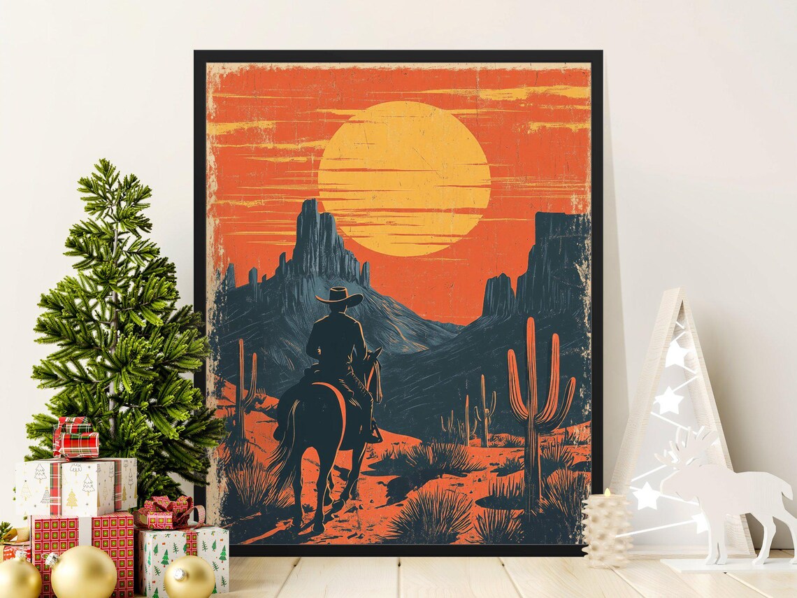 Cowboy Riding Into Sunset Desert Canyon Retro Western Landscape Poster