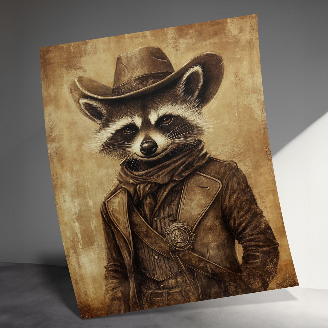 Raccoon In Cowboy Hat Sepia Vintage Western Animal Portrait Poster - Image 3