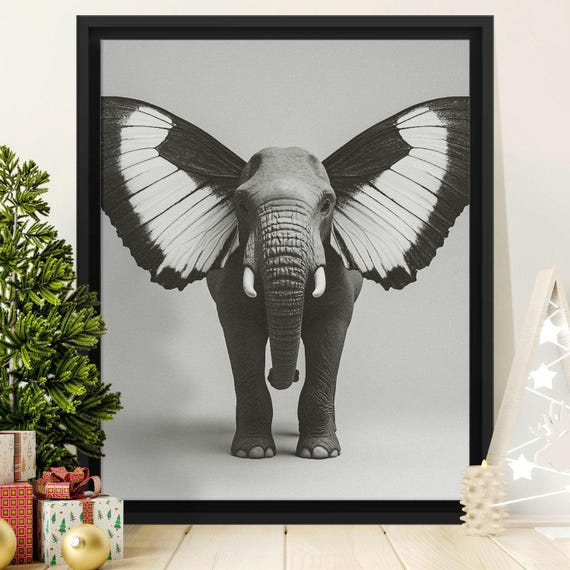 Elephant With Butterfly Wings Wall Art Animal Print Unique Home Decor Creative Artwork Elephant Butterfly Poster Nature Illustration