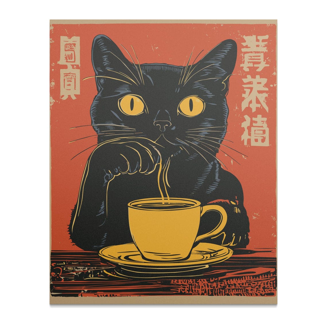 Black Cat Sipping Tea Golden Cup Red Retro Japanese Wall Art Poster - Image 2