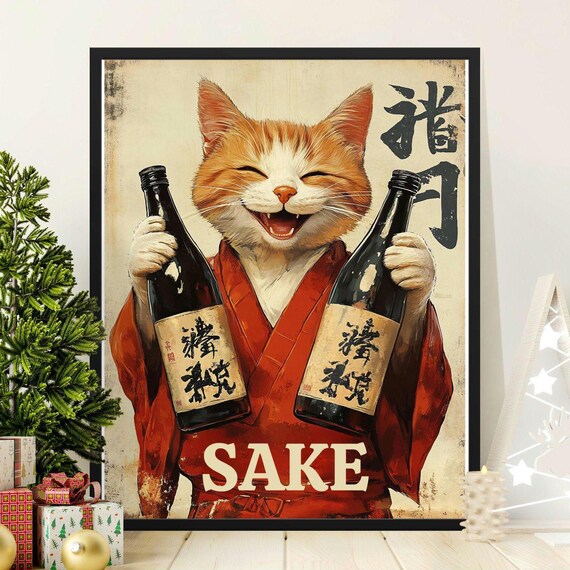Vintage Smiling Ginger Cat In Kimono With Two Sake Bottles Art Poster