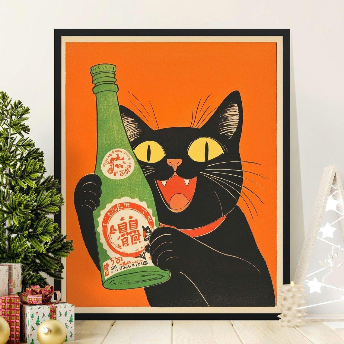 Black Cat Holding Green Sake Bottle Orange Retro Japanese Art Poster