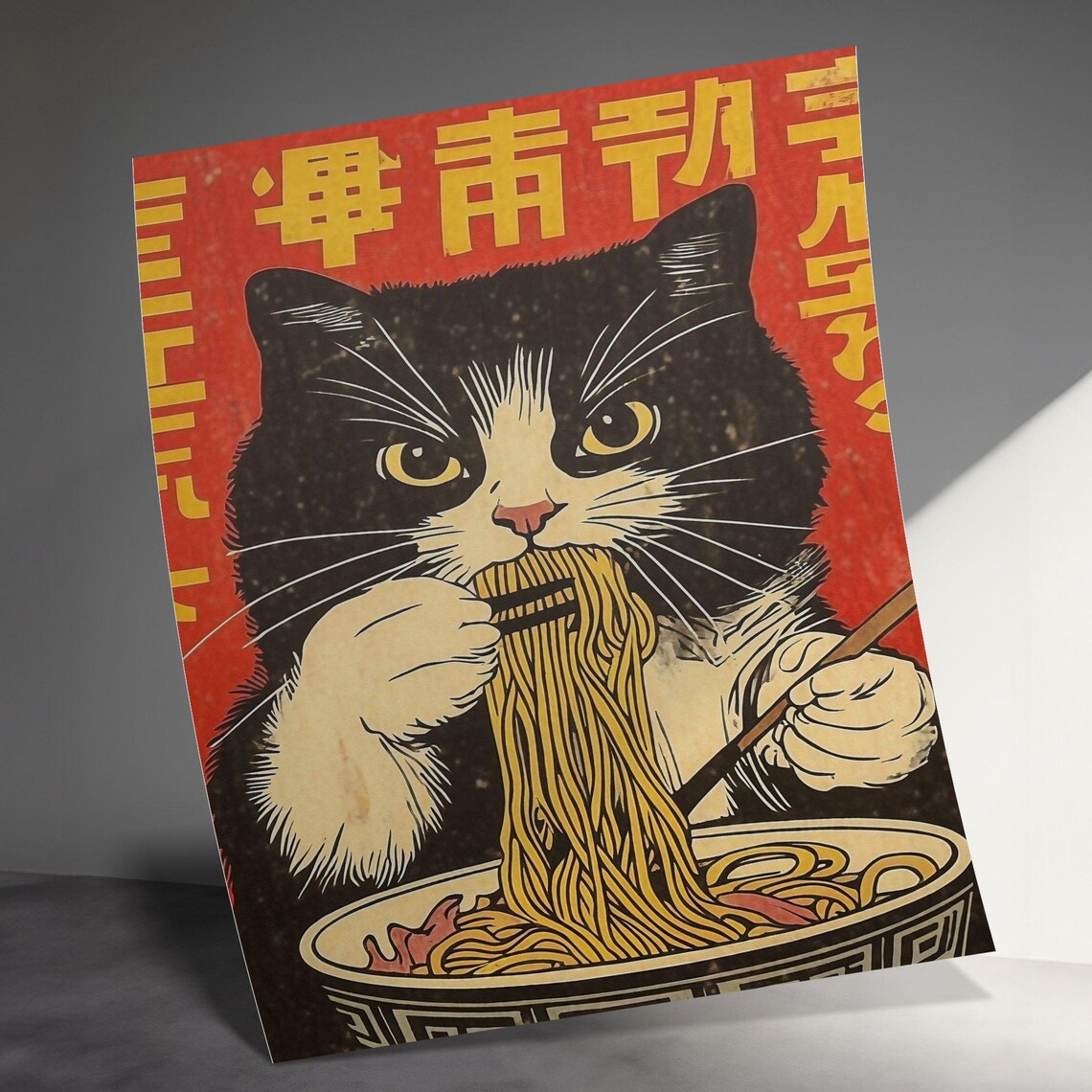 Tuxedo Cat Eating Ramen Chopsticks Red Retro Japanese Kitchen Wall Poster - Image 3
