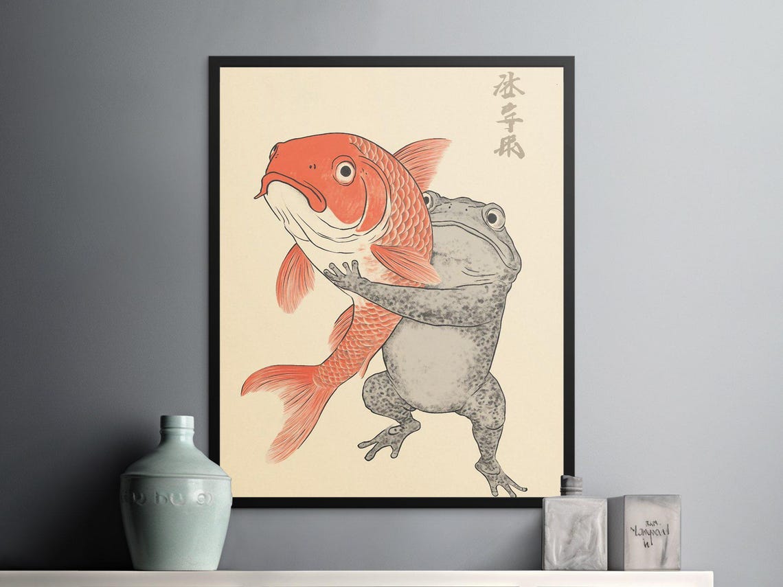 Whimsical Ukiyoe Frog Holding Giant Red Carp Japanese Art Poster - Image 2