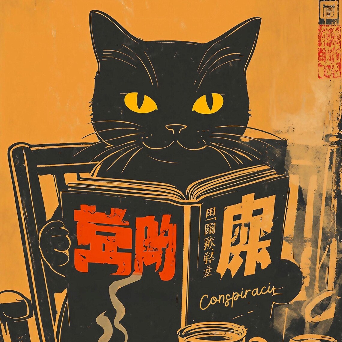 Black Cat Reading Conspiracy Book With Tea Orange Vintage Art Poster - Image 2