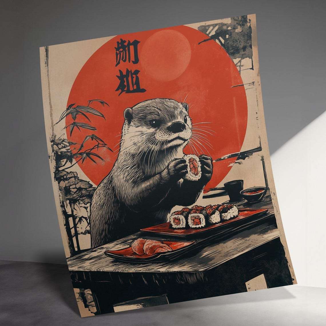 Adorable Otter Eating Sushi Japanese Red Sun Whimsical Wall Art Poster - Image 3
