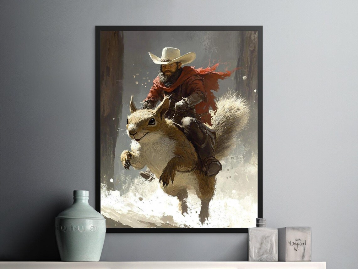 Cowboy Riding Giant Squirrel Snowy Western Fantasy Adventure Art Poster - Image 2