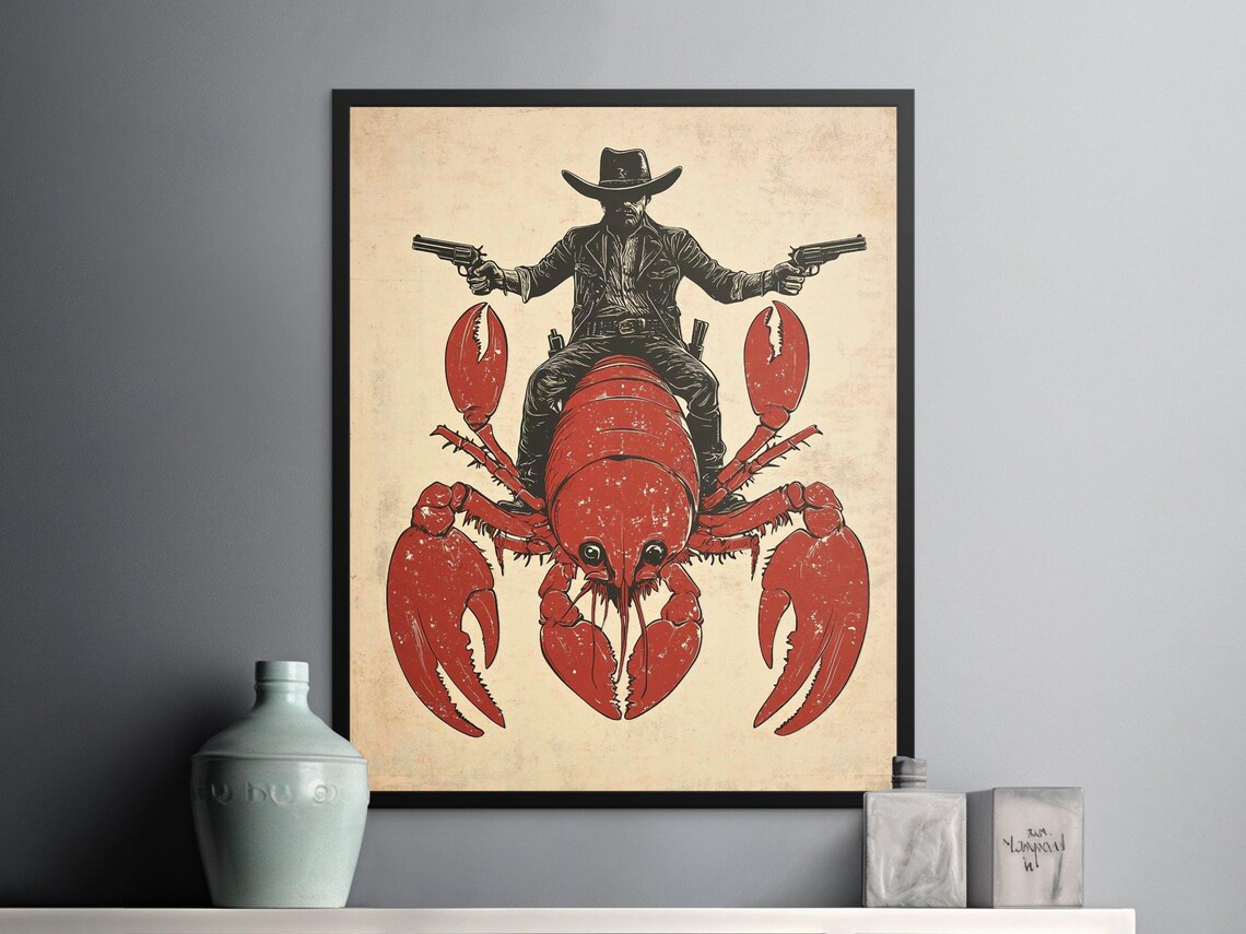 Cowboy Riding Giant Red Lobster Funny Western Retro Wall Art Poster - Image 2
