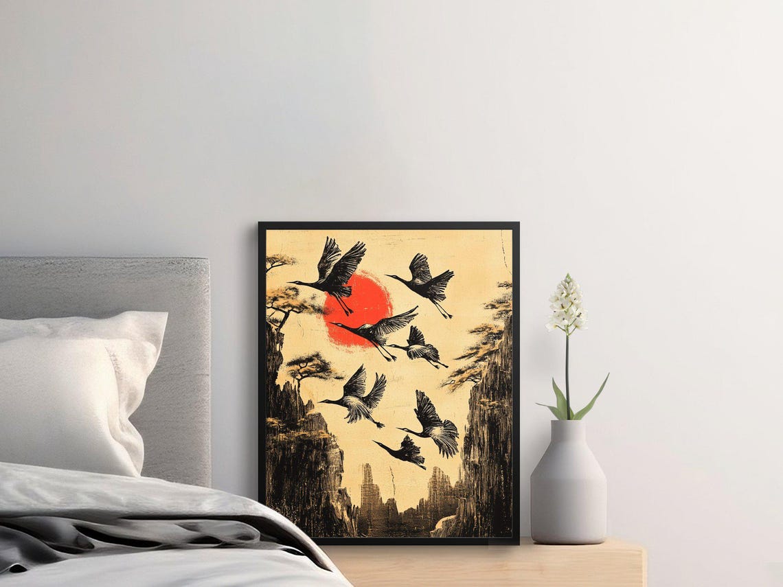 Cranes Flying Over Red Sun Cliffs Japanese Ink Landscape Poster - Image 2