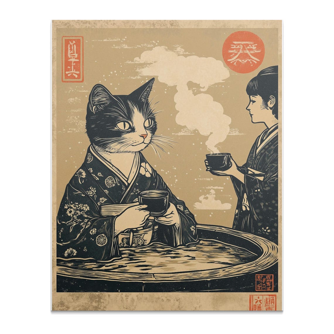 Cat in Kimono Drinking Tea With Geisha Ukiyo-e Japanese Scene Poster - Image 2