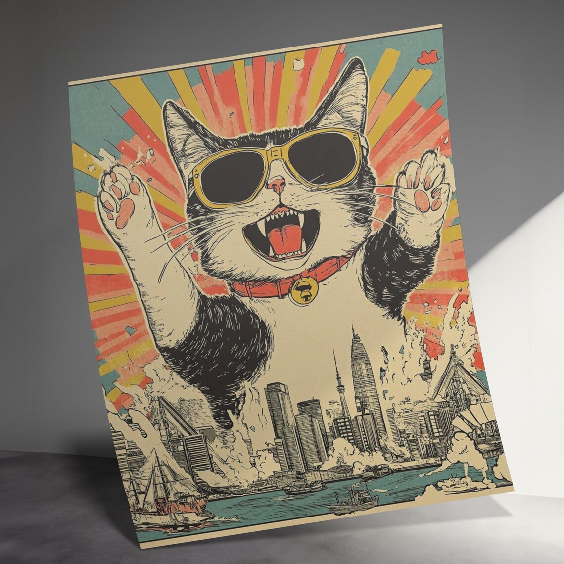 Giant Cat In Sunglasses Rising Over Japanese Harbor City Poster - Image 3